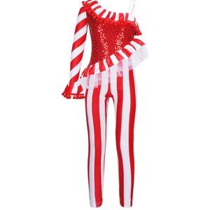 Kids One-Shoulder Red & White Striped Dance Costume - Sequin Top Ruffle Trim Lon